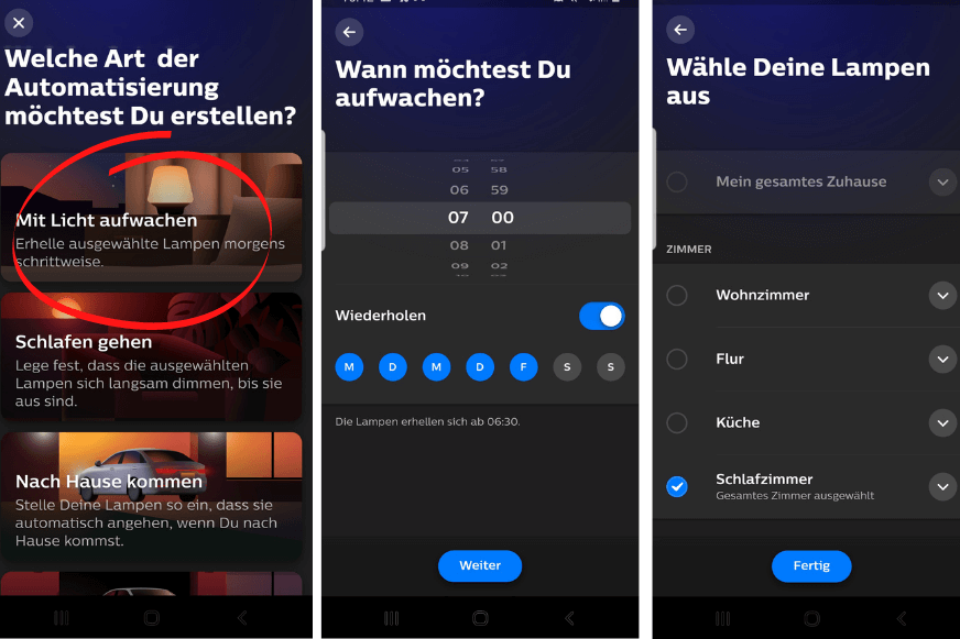 In der Hue App wird eine Routine eingestellt, dass das Licht im Schlafzimmer um 7:00 morgens angeht